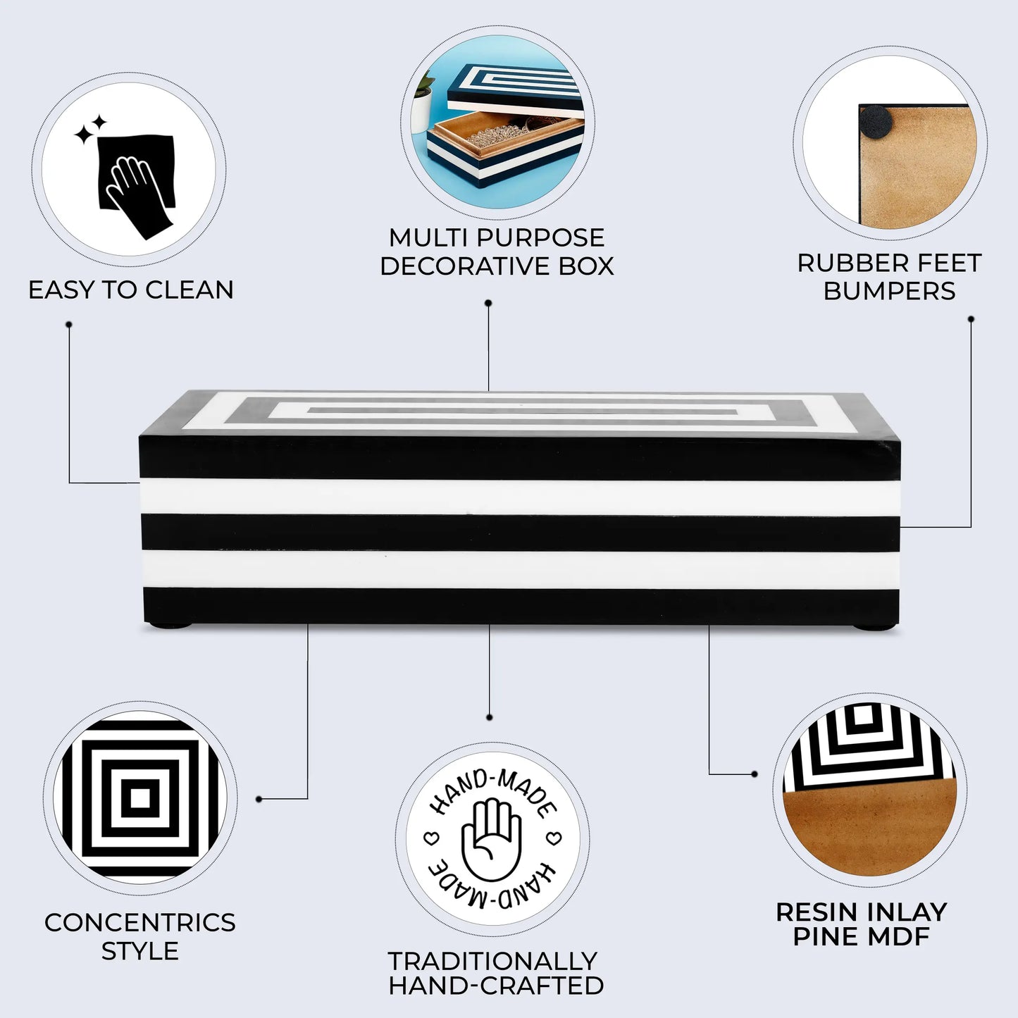 Decorative Storage Box Medley Concentrics Resin Inlay in 8 Sizes, Black & White - Concordia Style Boutique