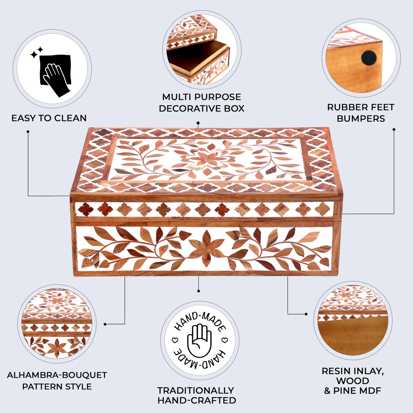 Decorative Storage Box Alhambra Bouquet Wood & Resin Inlay in 12 x 8 x 4 inch - Concordia Style Boutique