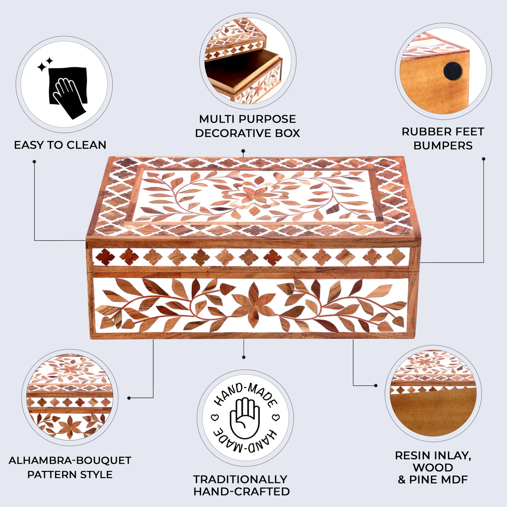 Decorative Storage Box Alhambra Bouquet Wood & Resin Inlay in 12 x 8 x 4 inch - Concordia Style Boutique