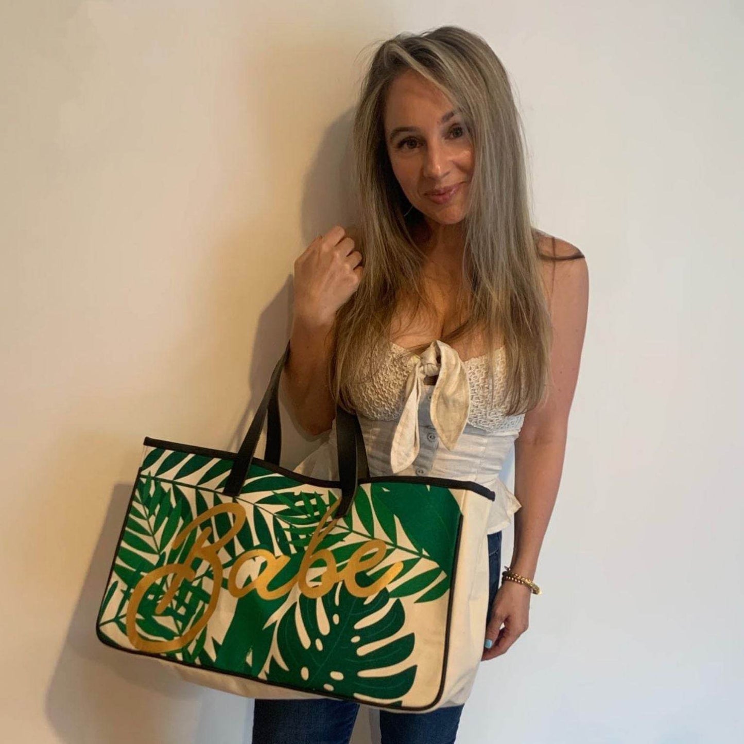 Babe Palm Leaves Large Rectangular Tote Bag | Genuine Leather Handles - Concordia Style Boutique
