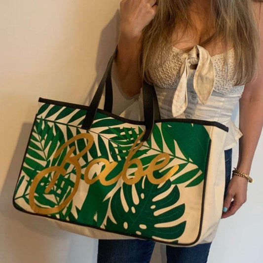 Babe Palm Leaves Large Rectangular Tote Bag | Genuine Leather Handles - Concordia Style Boutique