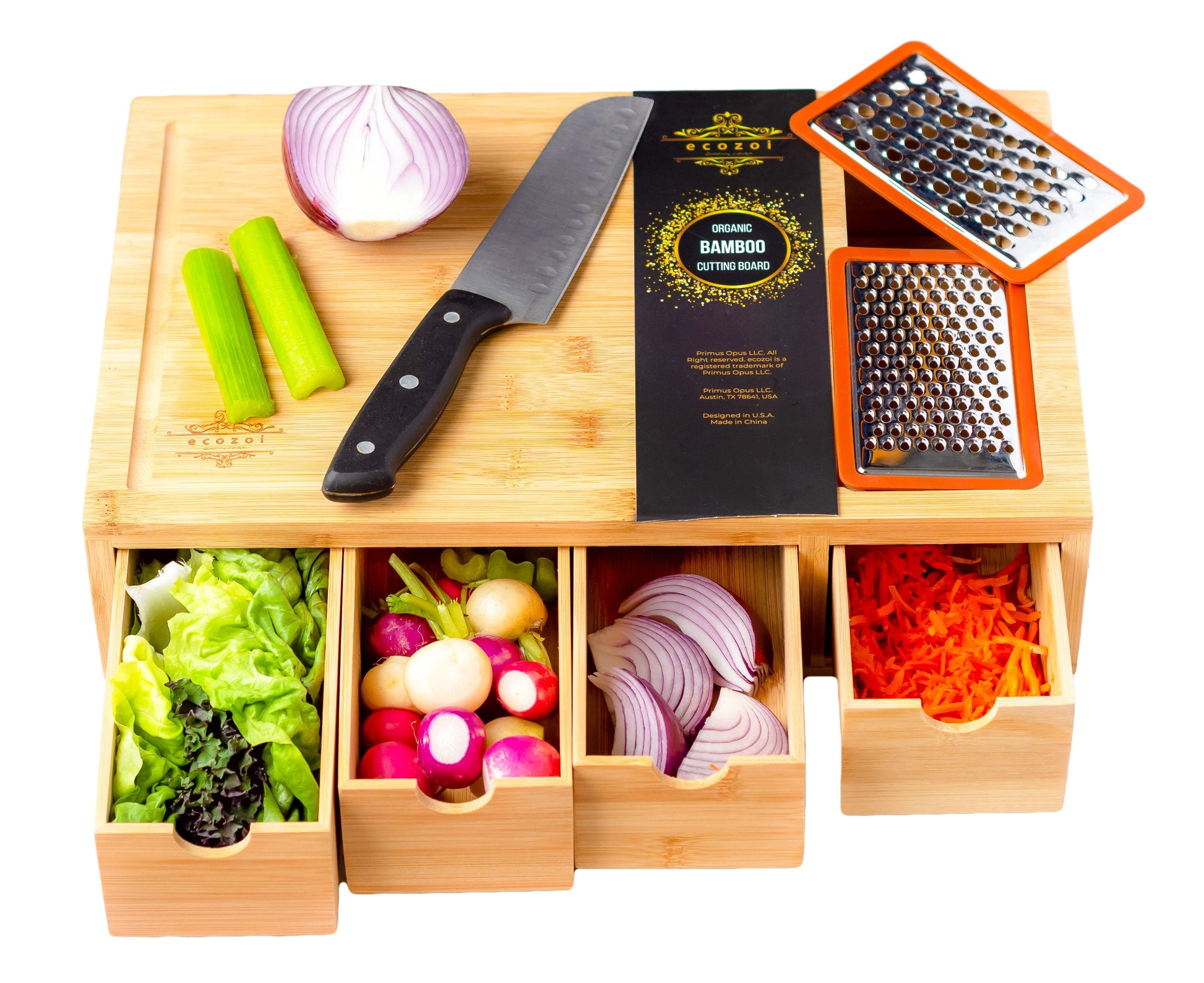 Bamboo Cutting Board with 4 Organizing Trays and 2 Graters - Concordia Style Boutique