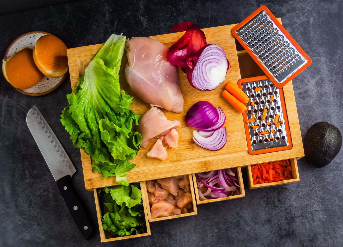 Bamboo Cutting Board with 4 Organizing Trays and 2 Graters - Concordia Style Boutique