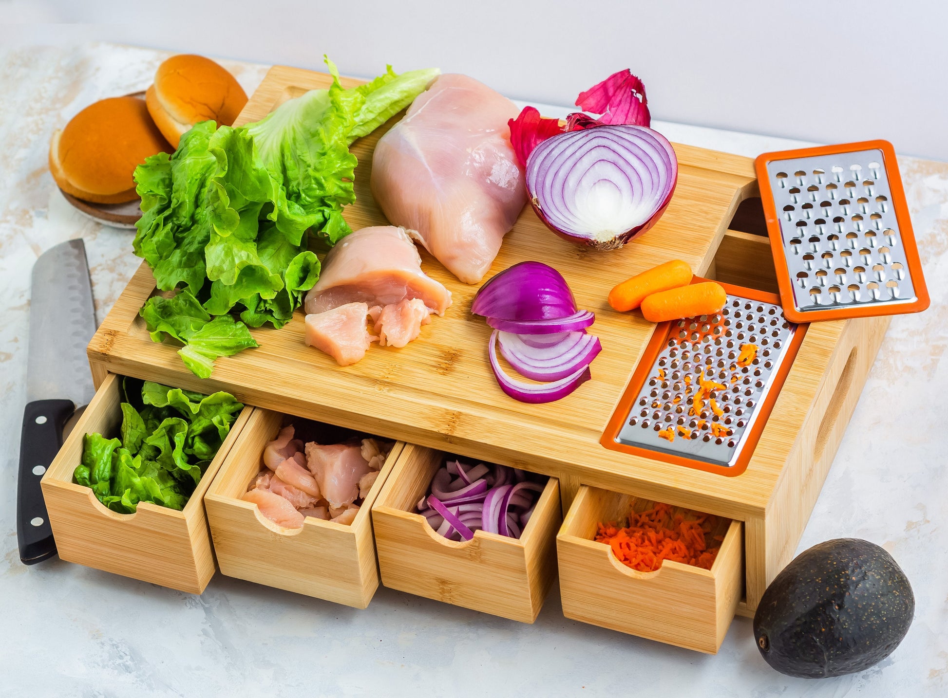Bamboo Cutting Board with 4 Organizing Trays and 2 Graters - Concordia Style Boutique