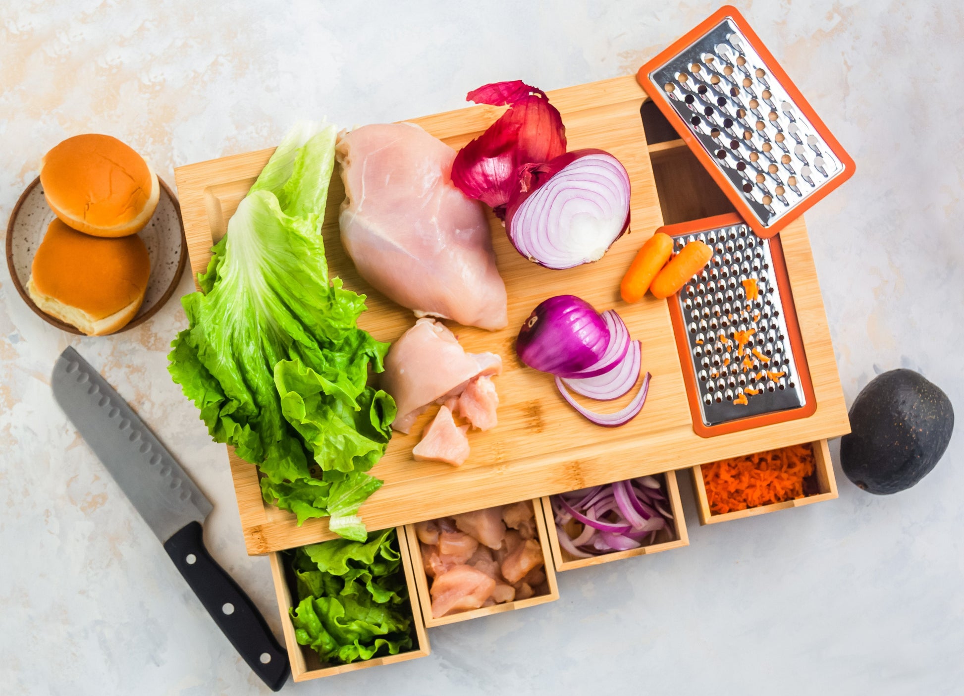Bamboo Cutting Board with 4 Organizing Trays and 2 Graters - Concordia Style Boutique