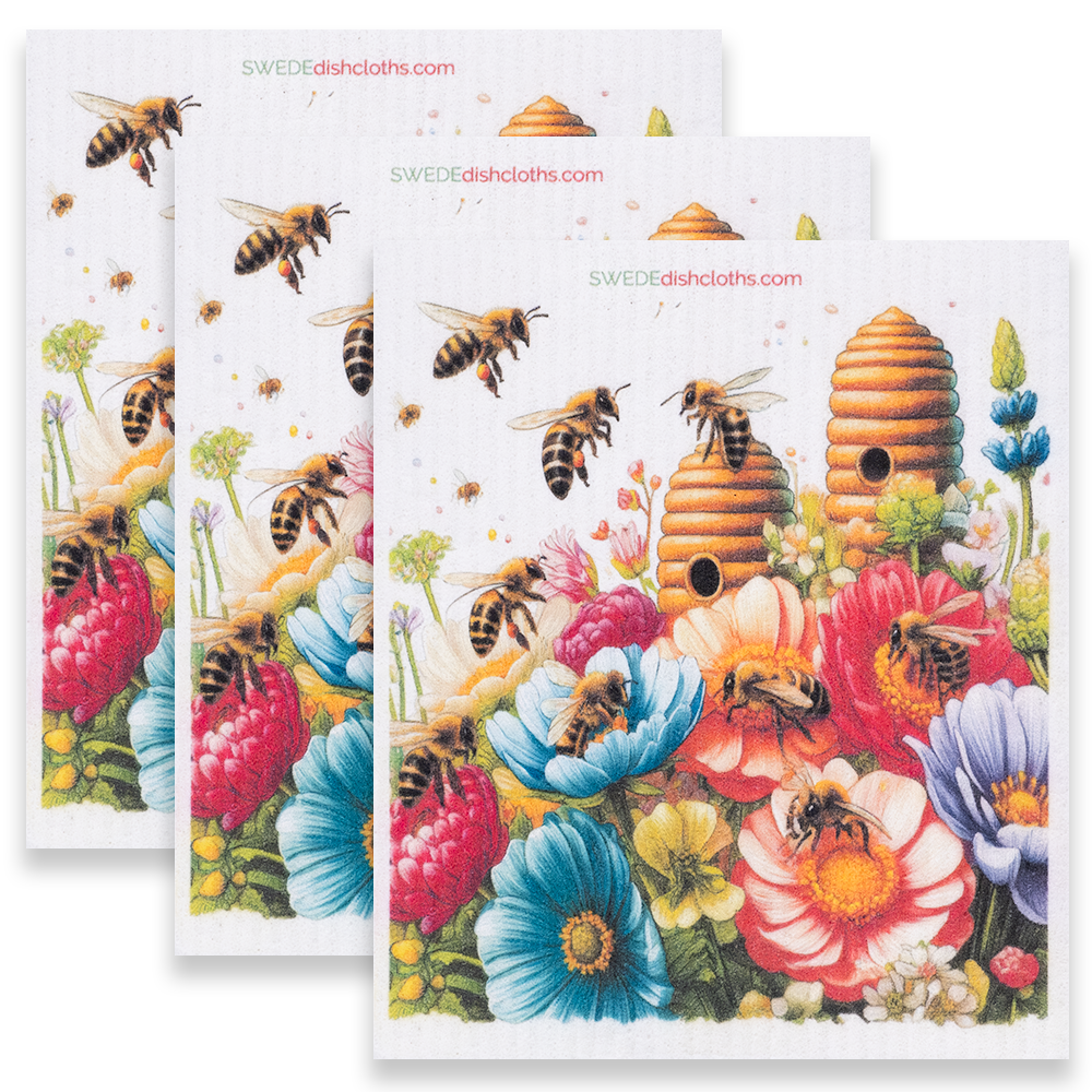 Eco-Friendly Swedish Dishcloths - Bees and Spring Flowers Set of 3 (Paper Towel Replacements) - Concordia Style Boutique