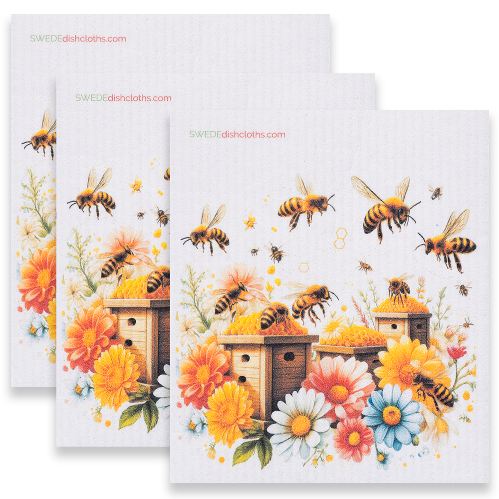 Eco-Friendly Swedish Dishcloths - Bees with Wood Beehive Set of 3 (Paper Towel Replacements) - Concordia Style Boutique