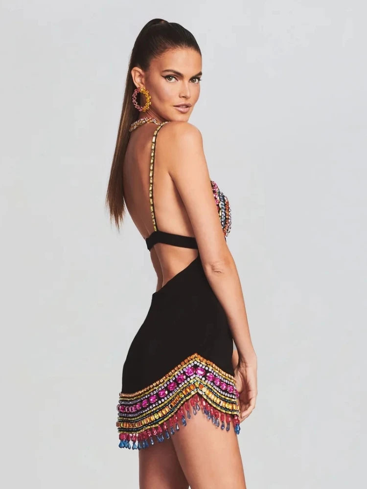 Black Crystal Bandage Bodycon Dress with Diamonds For Women, V-Neck, Meatpacking District, BYMANYC New York.