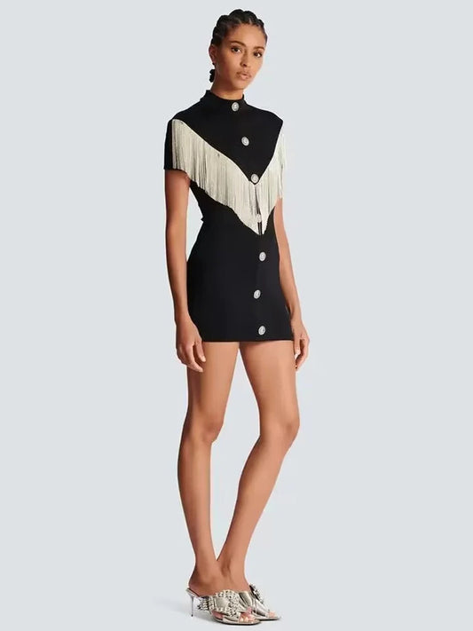Black Mini Bodycon Dress with Button Tassel For Women, Meatpacking District, BYMANYC New York.