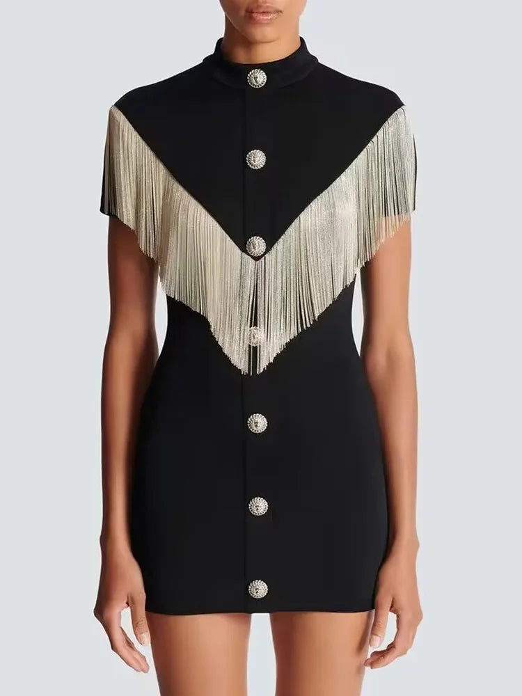 Black Mini Bodycon Dress with Button Tassel For Women, Meatpacking District, BYMANYC New York.