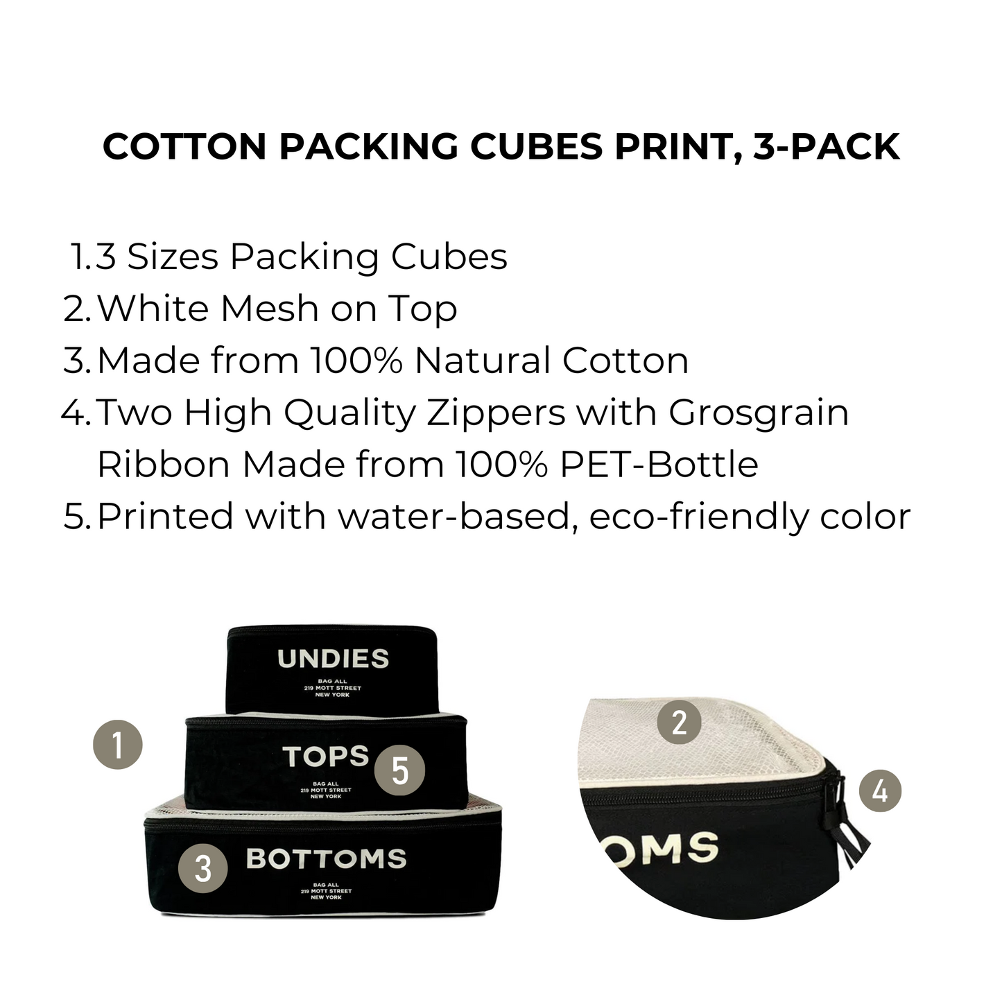 Cotton Packing Cubes, Print, 3-pack Black - Concordia Style Boutique