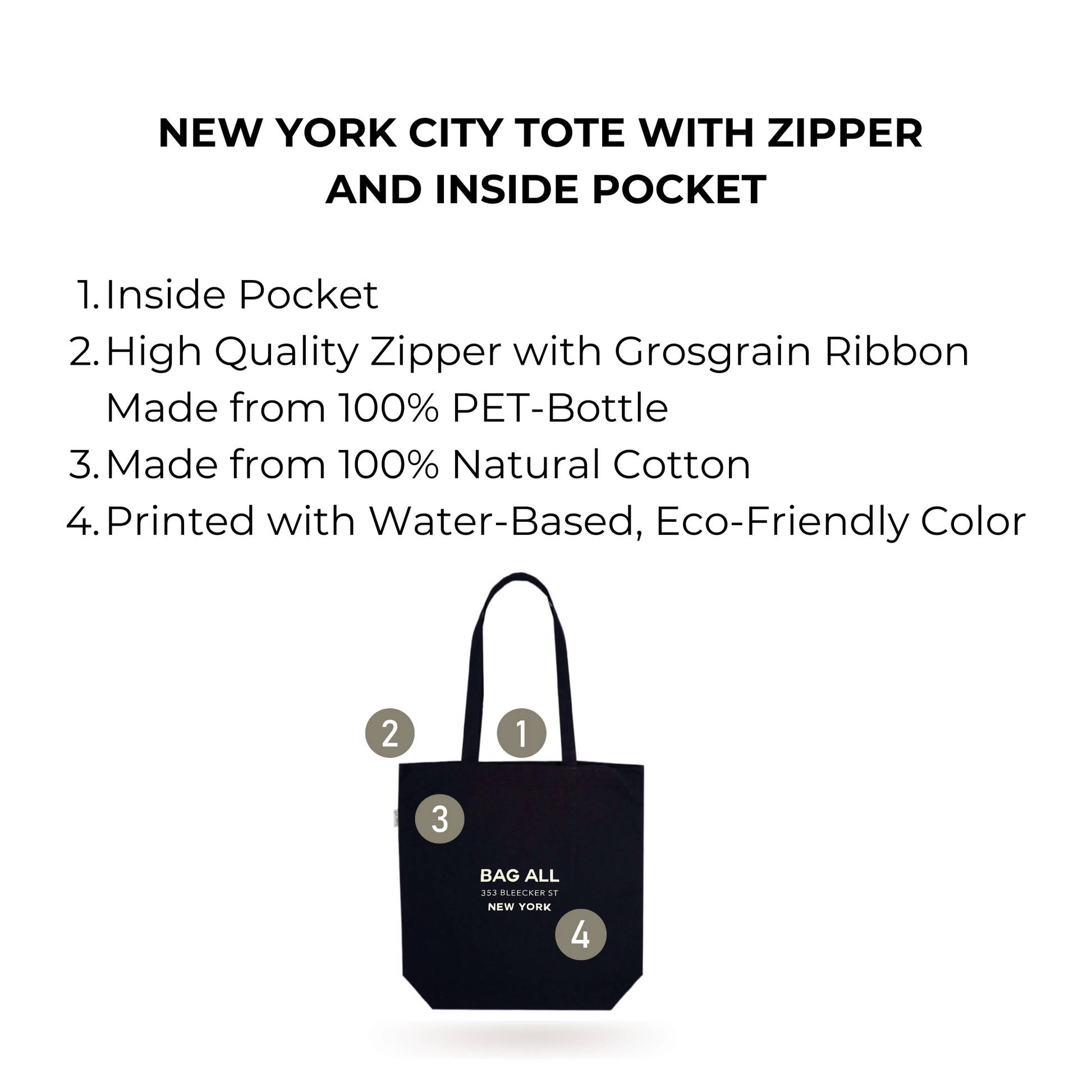 New York City Tote with Zipper and Inside Pocket, Black - Concordia Style Boutique