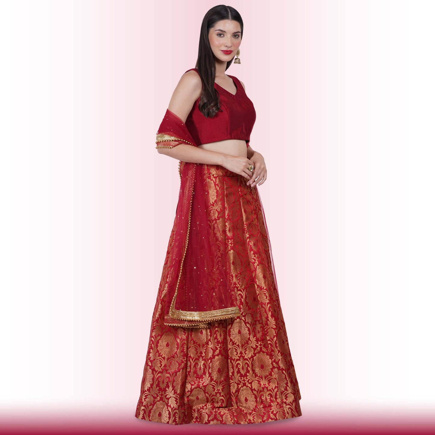 Brocade Lehenga for Wedding Guests - Maroon