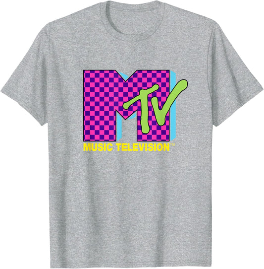 T-Shirt - MTV Music Television Retro 80's Neon Pink with Checkerboard Logo - Concordia Style Boutique