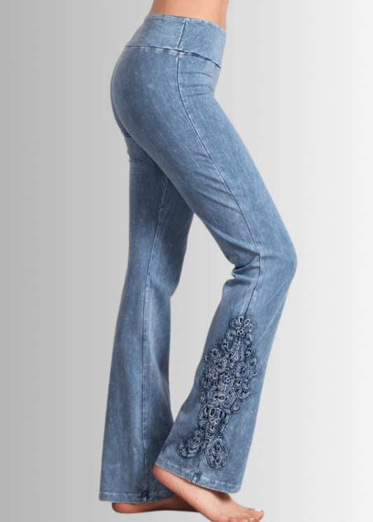 Mineral Washed Bootcut Jeggings Crochet DetaiL - Concordia Style Boutique