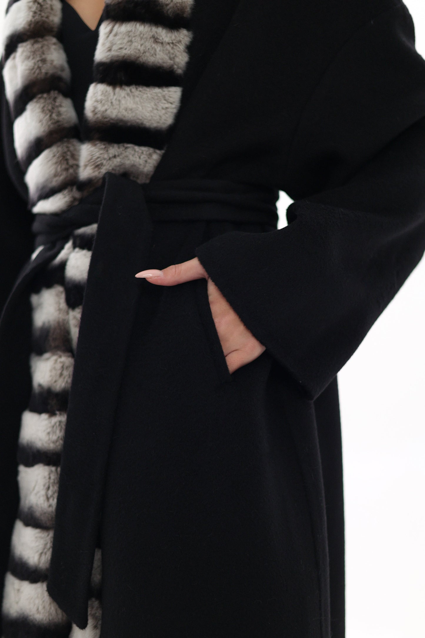 Genuine  French Orylag Fur Italian Cashmere Wool Coat 85cm