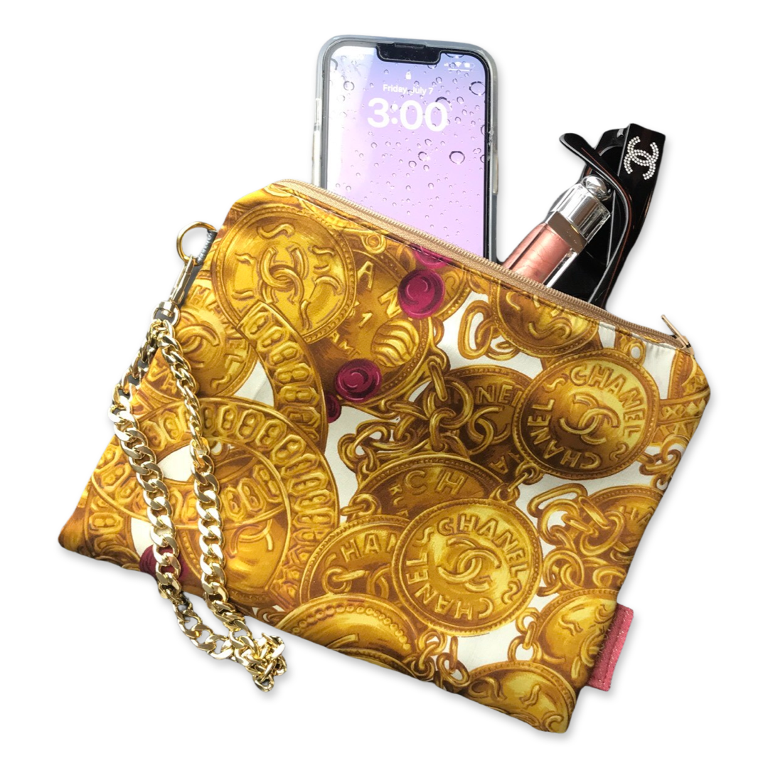 CC Logo Gold Coins Vintage Silk Scarf Wristlet Bag