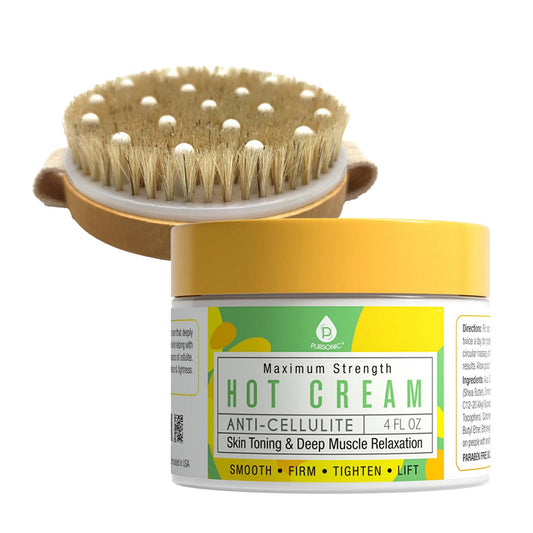 Pursonic Anti Cellulite & Muscle Relaxation Hot Cream with Bath Brush and Rubber Massager - Lotus Wooden Handle - Concordia Style Boutique