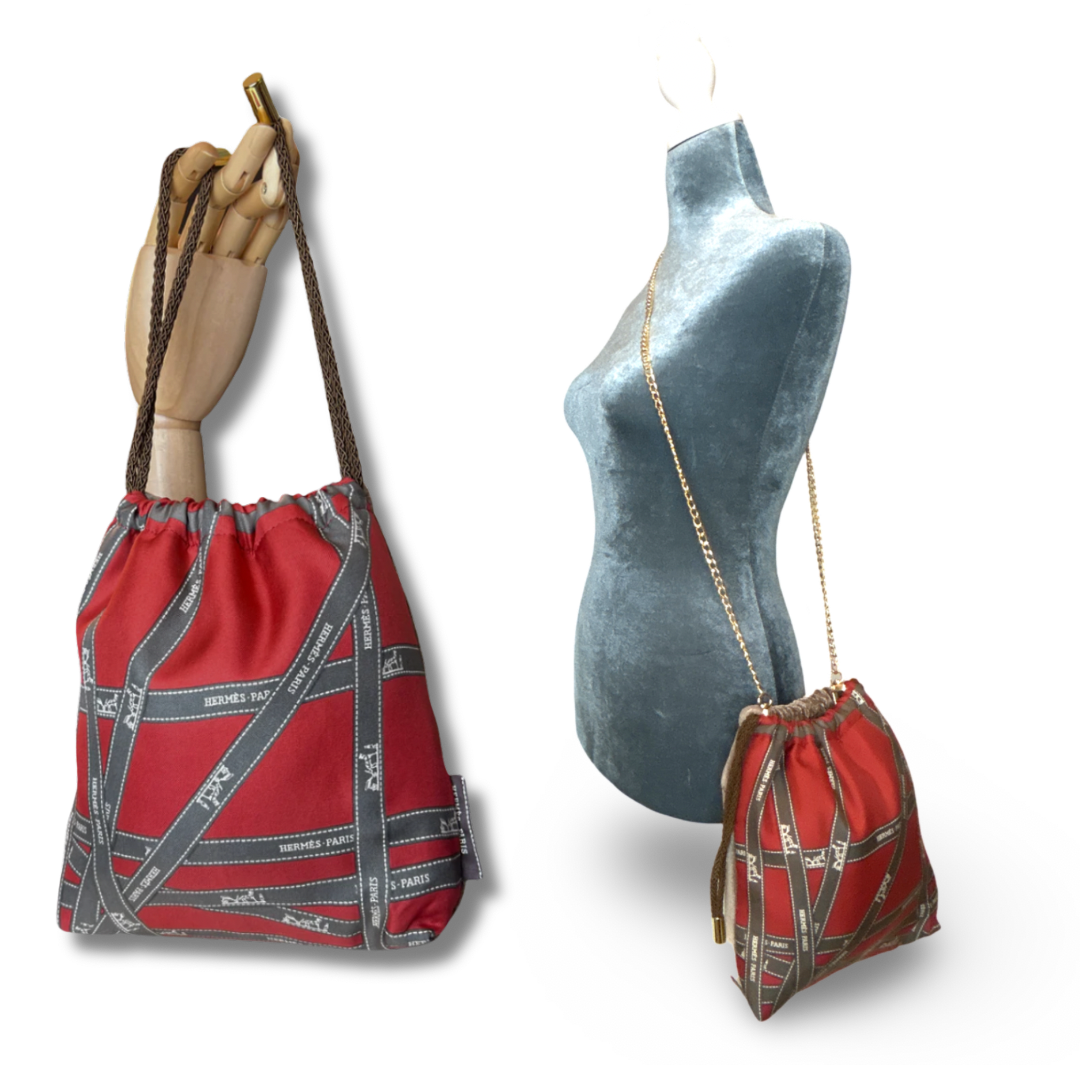 Bolduc Ribbon Bordeaux Vintage Silk Scarf Drawstring Crossbody Bag