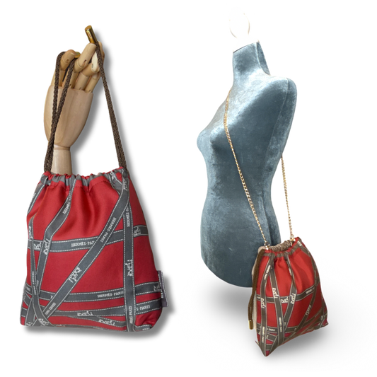 Bolduc Ribbon Bordeaux Vintage Silk Scarf Drawstring Crossbody Bag