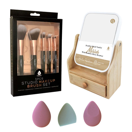 Pursonic Beauty Essentials Set – Studio Makeup Brush Set, Multi-Shape Sponges, and Dual-Sided Vanity Mirror with Bamboo Base - Concordia Style Boutique