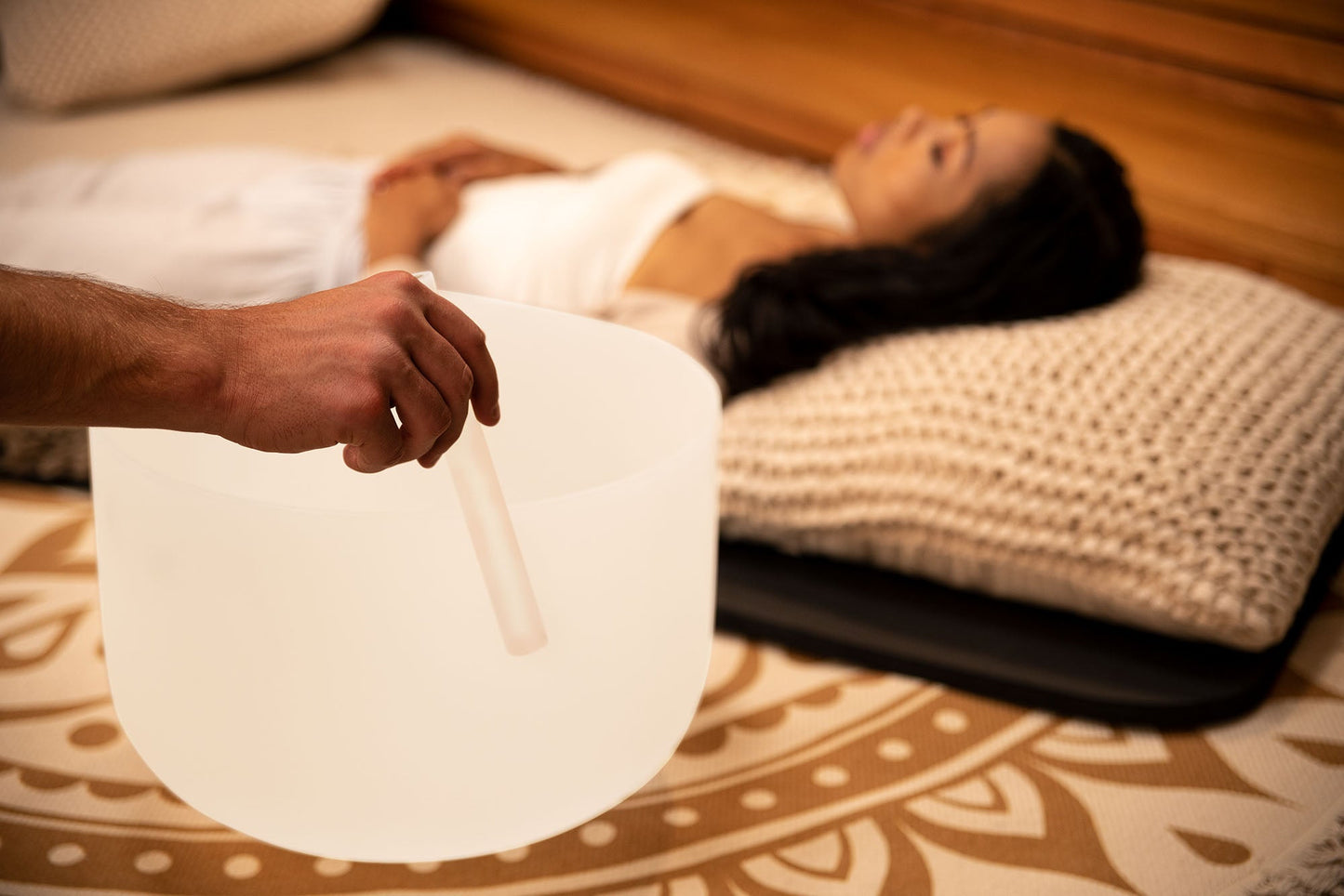 14" White-Frosted Crystal Singing Bowl, Note G3, Throat Chakra