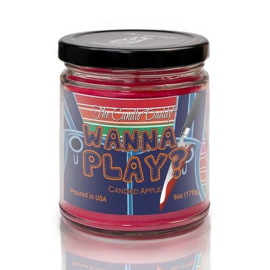 Wanna Play?  - Scary Candied Apple Scented  Horror Movie Candle - Halloween 6 Oz Jar Candle - 40 Hour Burn Time