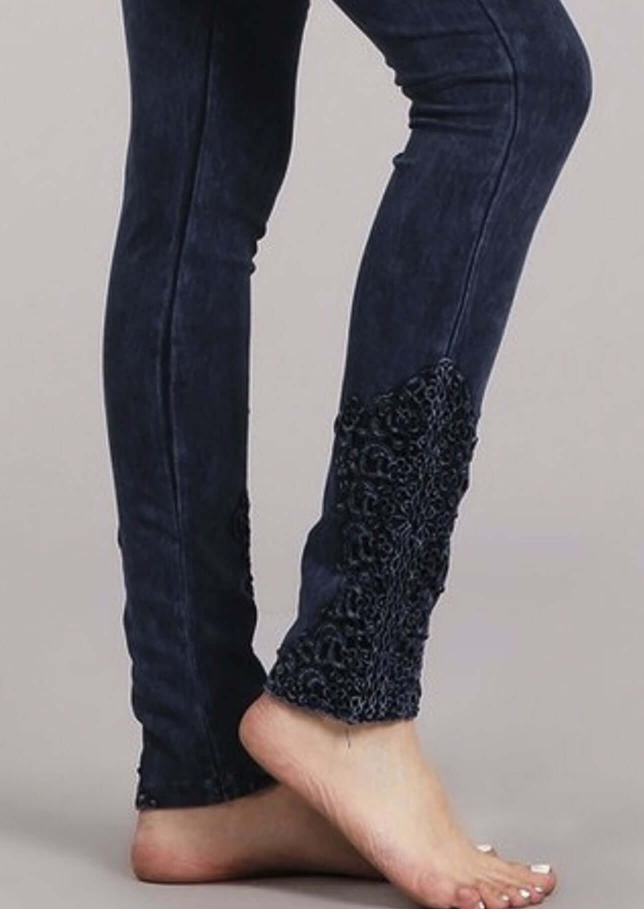 Mineral Washed Jeggings Crochet Ankle Detail Made in USA - Concordia Style Boutique