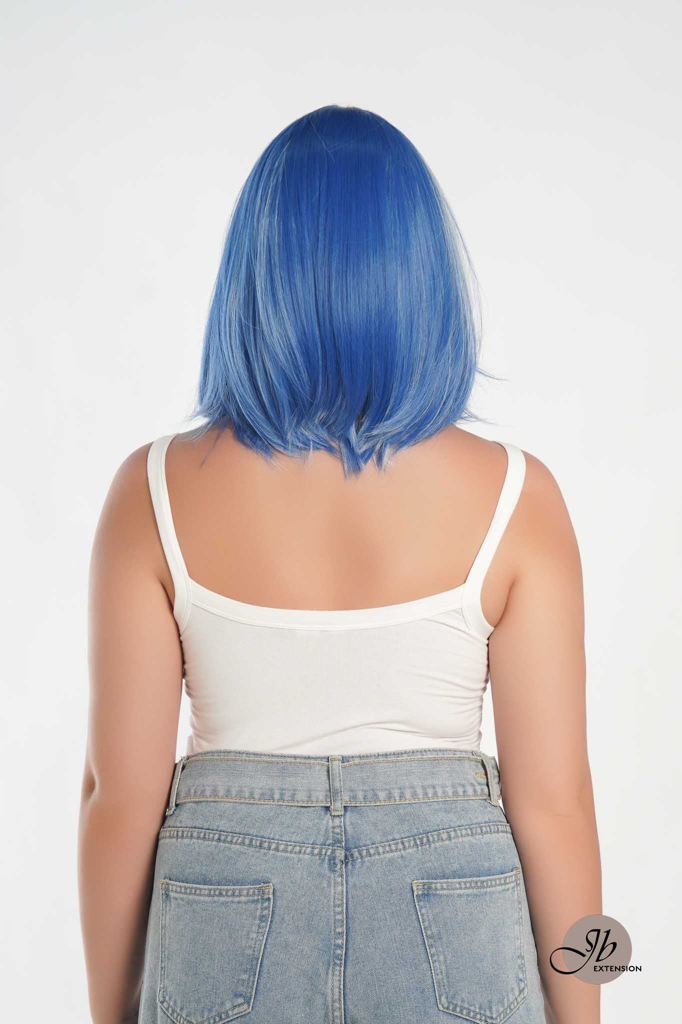 JBEXTENSION 12 Inches Bob Cut Blue With White Highlight Free Part Pre-Cut Frontlace Glueless Wig DOLPHIN