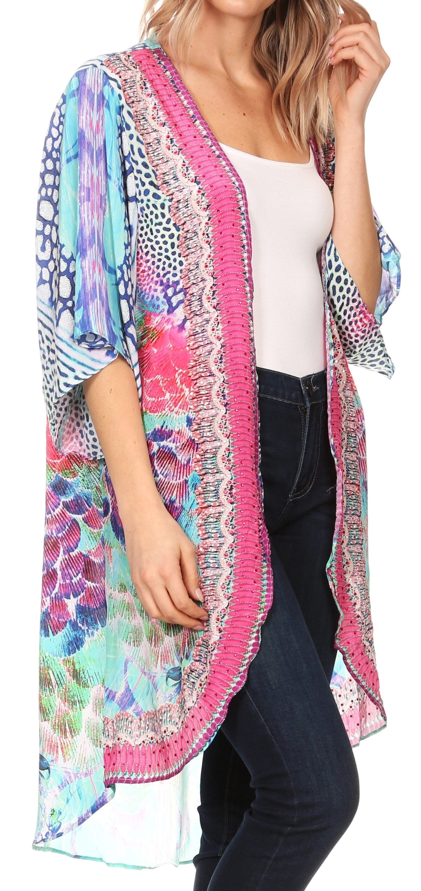Sakkas Denora Women's Casual Draped Kimono Short Sleeve Boho Open Front Cardigan - Concordia Style Boutique