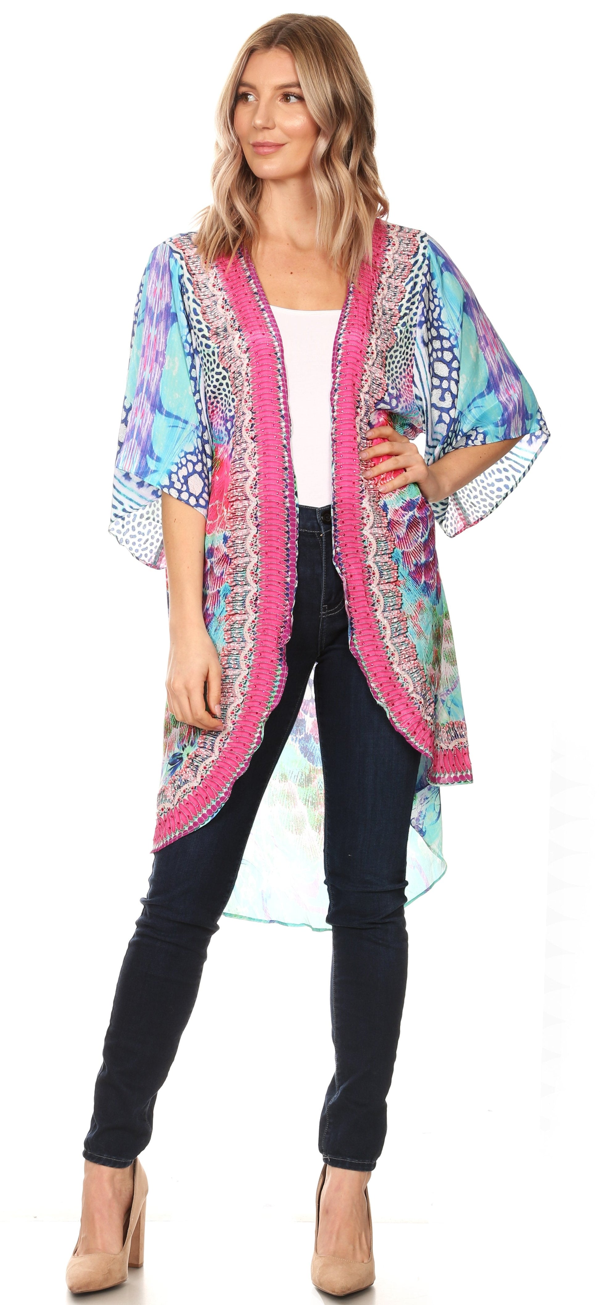 Sakkas Denora Women's Casual Draped Kimono Short Sleeve Boho Open Front Cardigan - Concordia Style Boutique