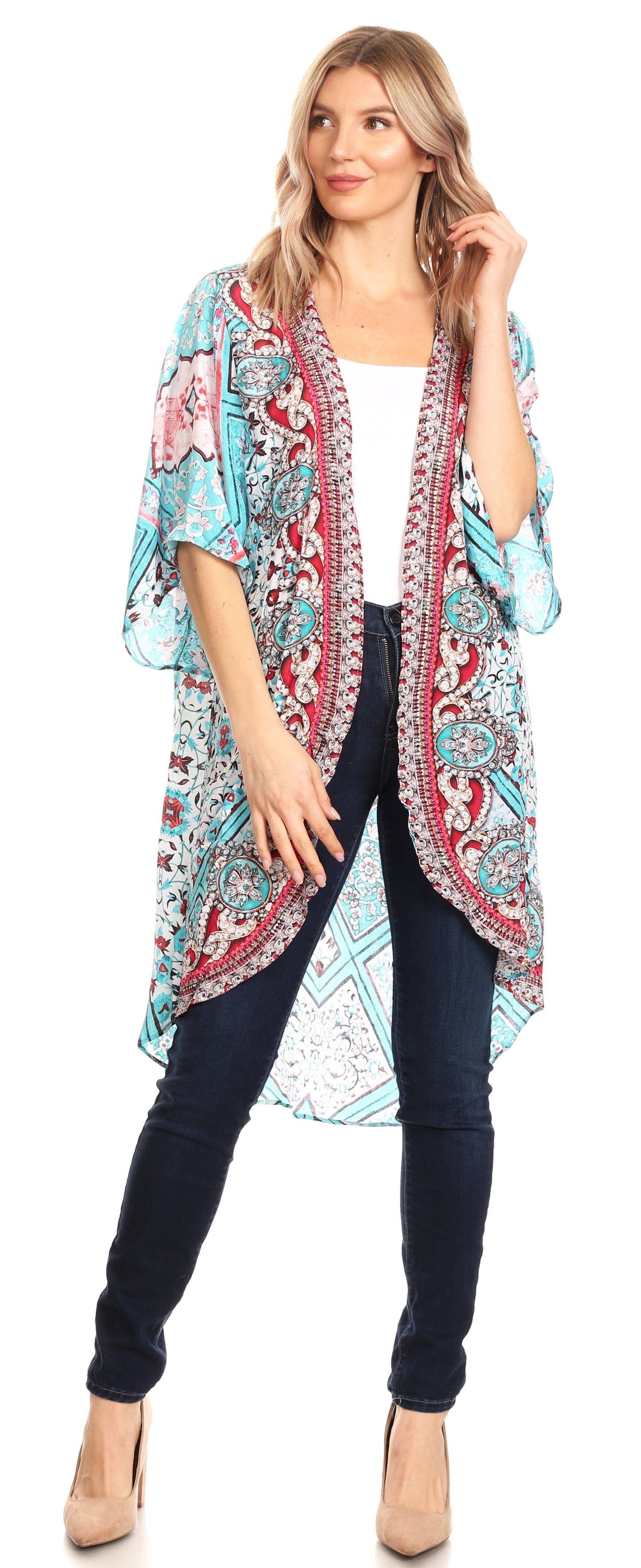Sakkas Denora Women's Casual Draped Kimono Short Sleeve Boho Open Front Cardigan - Concordia Style Boutique