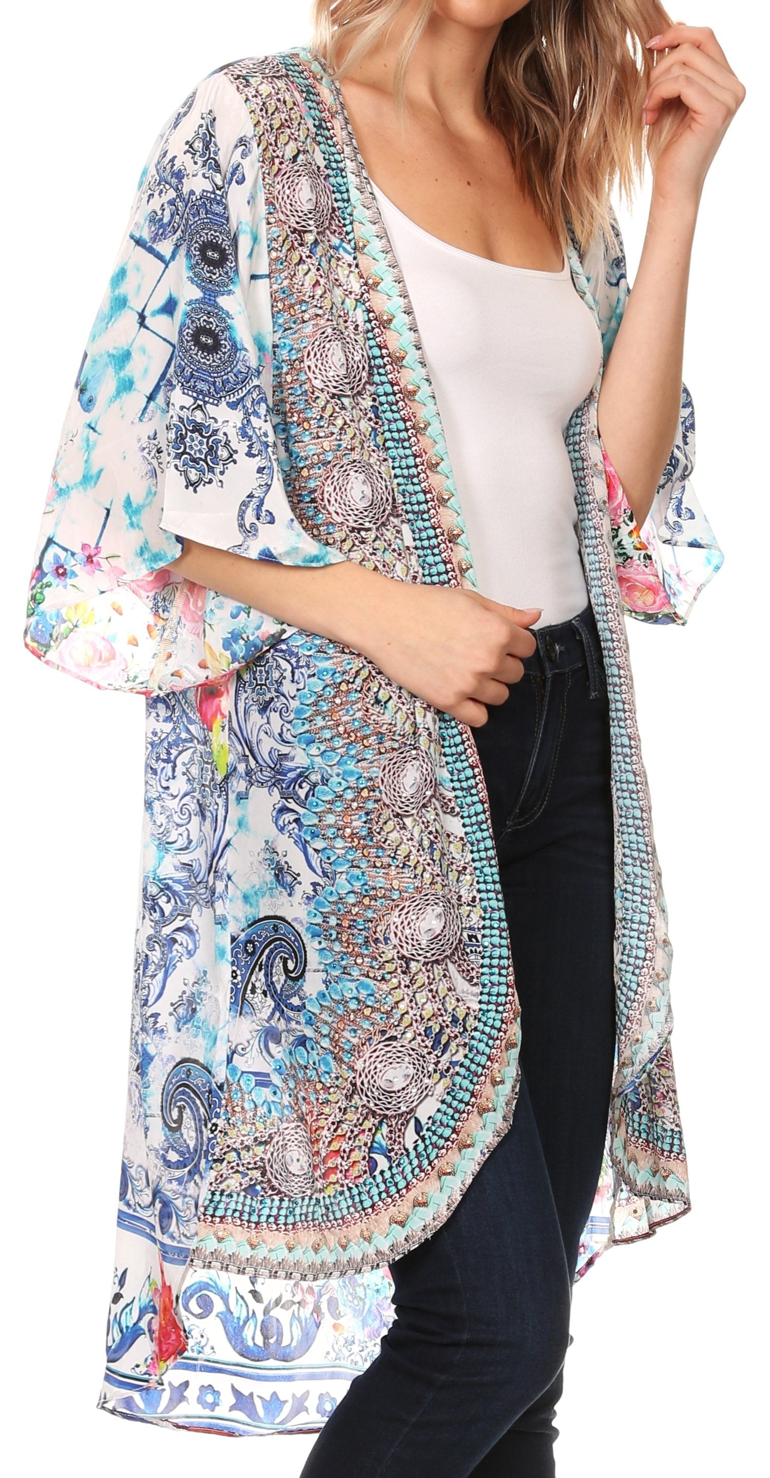 Sakkas Denora Women's Casual Draped Kimono Short Sleeve Boho Open Front Cardigan - Concordia Style Boutique