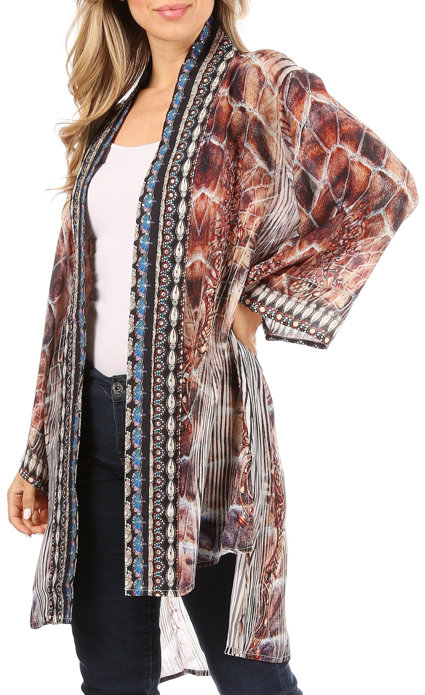 Sakkas Aremi Women Floral Printed Open Front Cardigan Top Boho Casual Short Sleeve - Concordia Style Boutique
