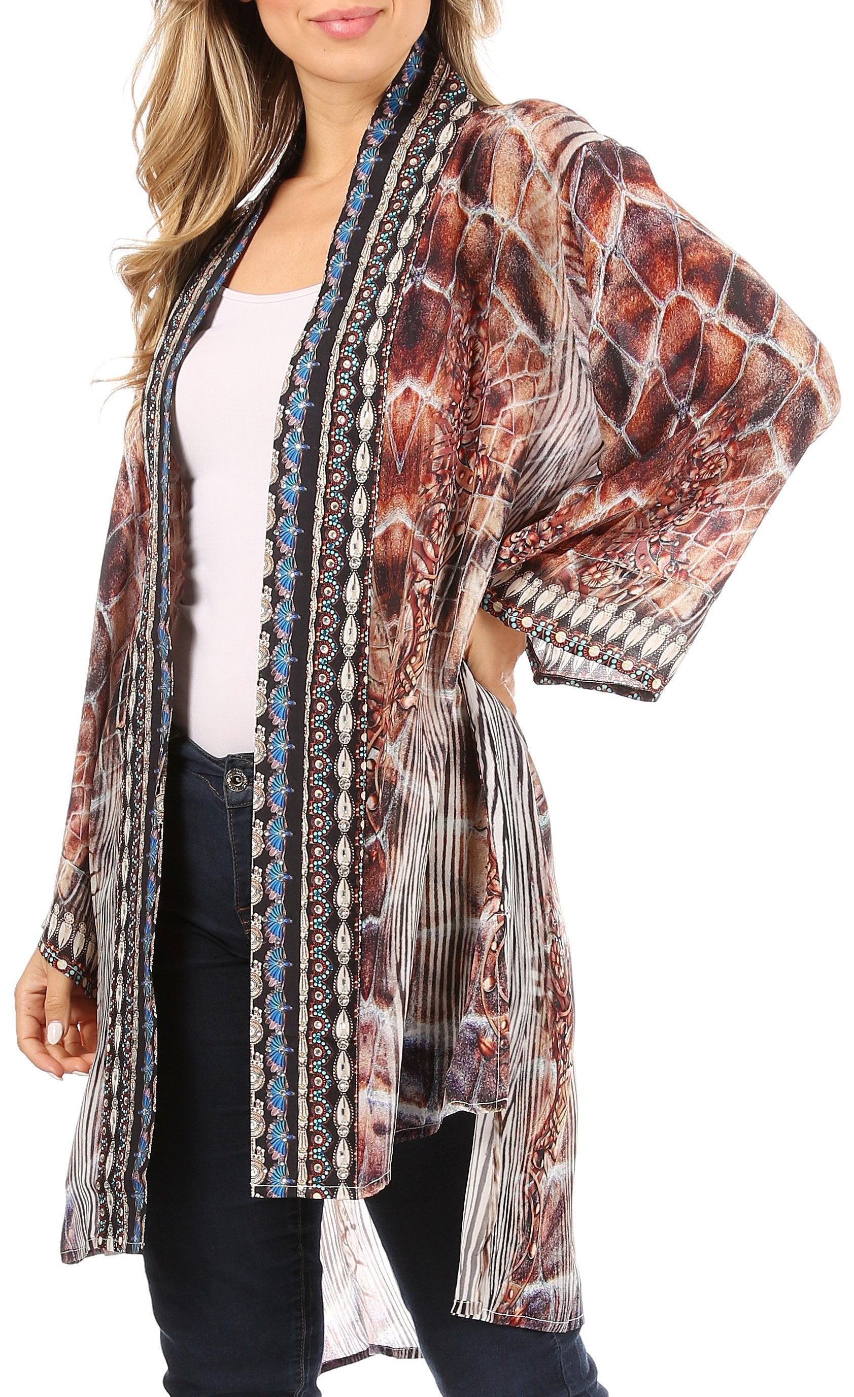 Sakkas Aremi Women Floral Printed Open Front Cardigan Top Boho Casual Short Sleeve - Concordia Style Boutique