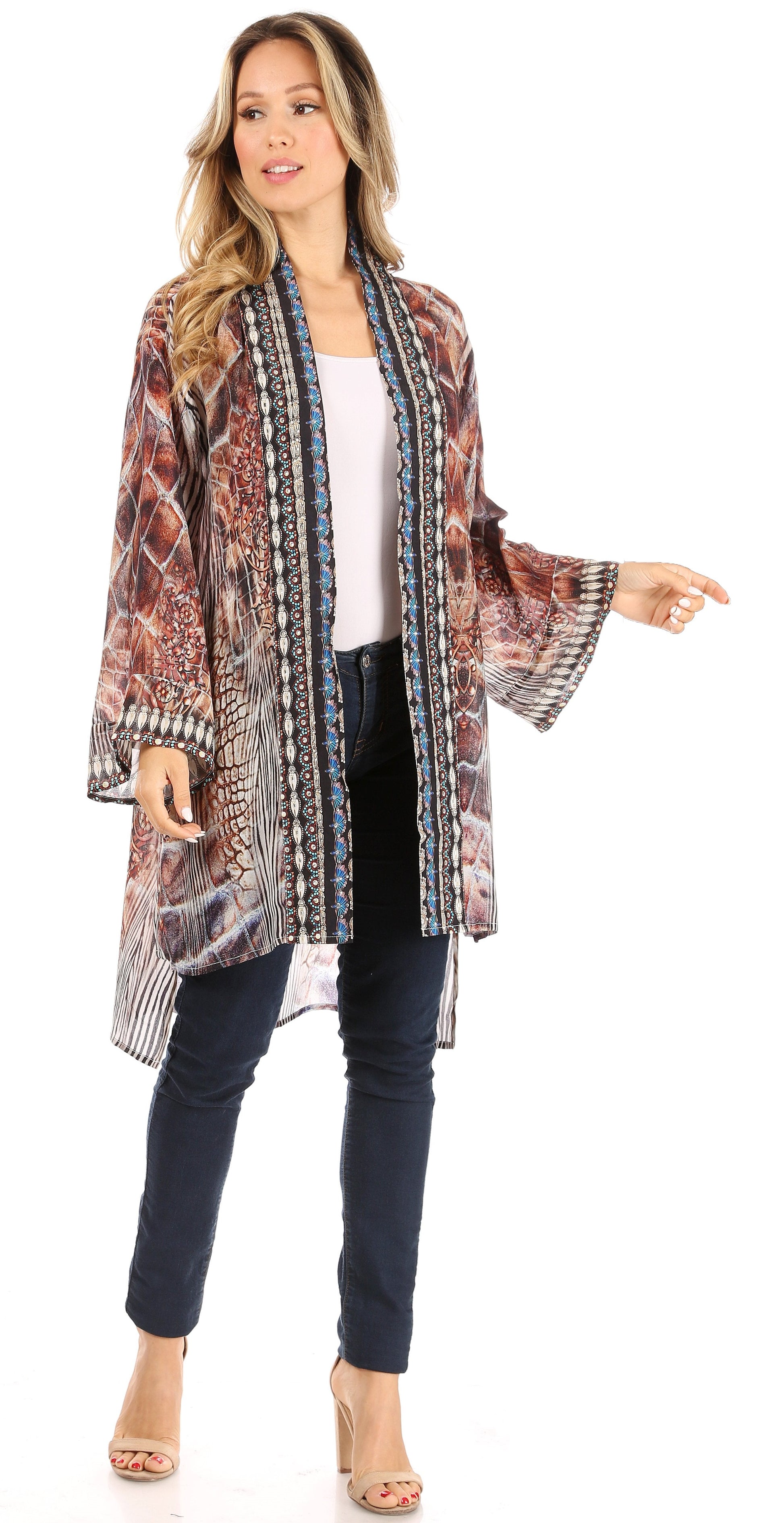 Sakkas Aremi Women Floral Printed Open Front Cardigan Top Boho Casual Short Sleeve - Concordia Style Boutique