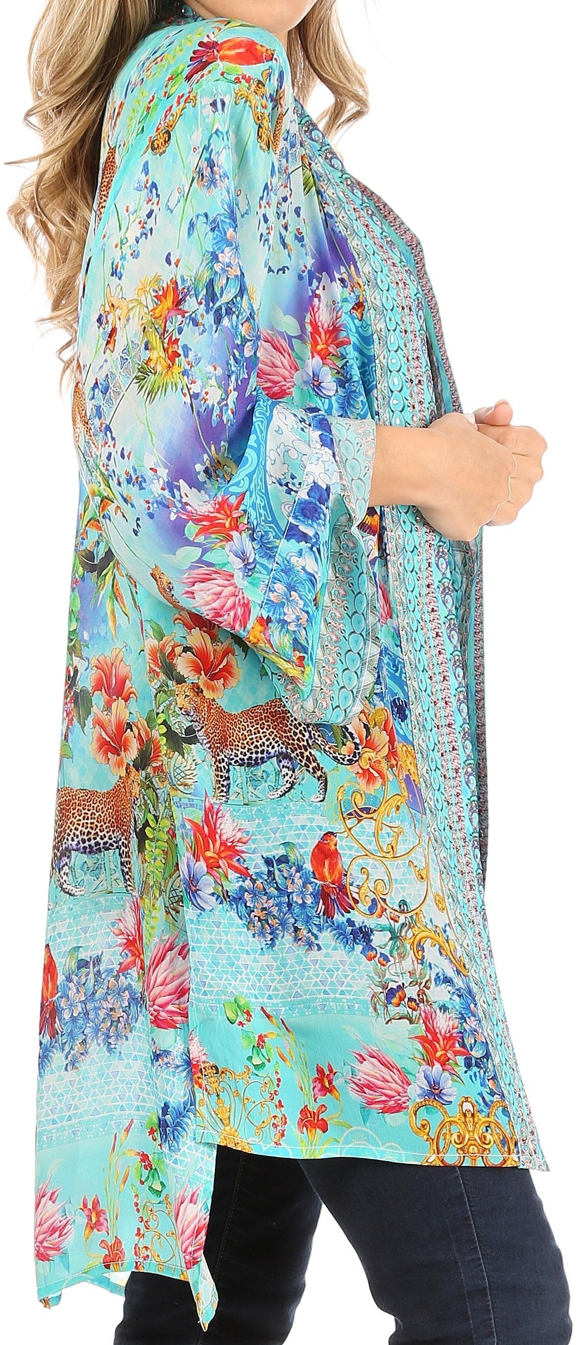 Sakkas Aremi Women Floral Printed Open Front Cardigan Top Boho Casual Short Sleeve - Concordia Style Boutique