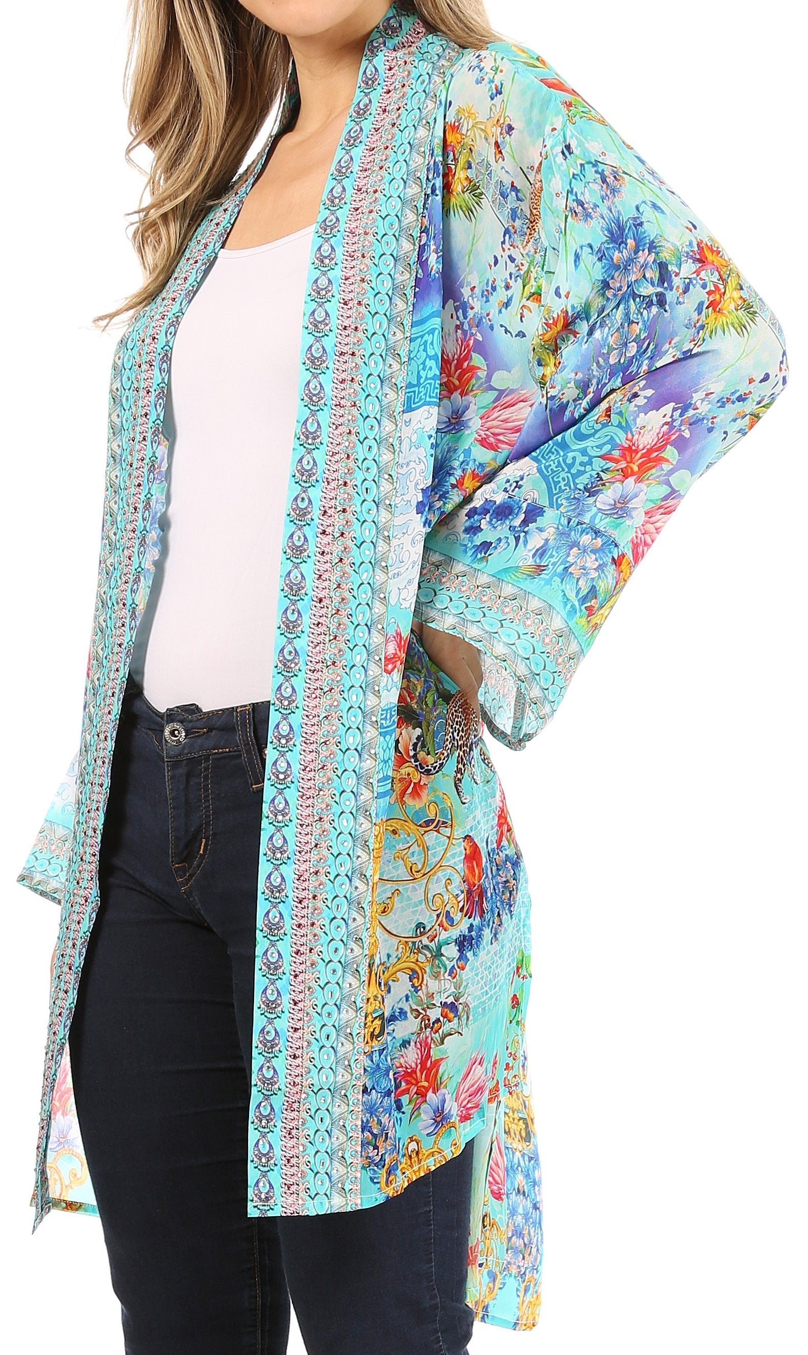 Sakkas Aremi Women Floral Printed Open Front Cardigan Top Boho Casual Short Sleeve - Concordia Style Boutique