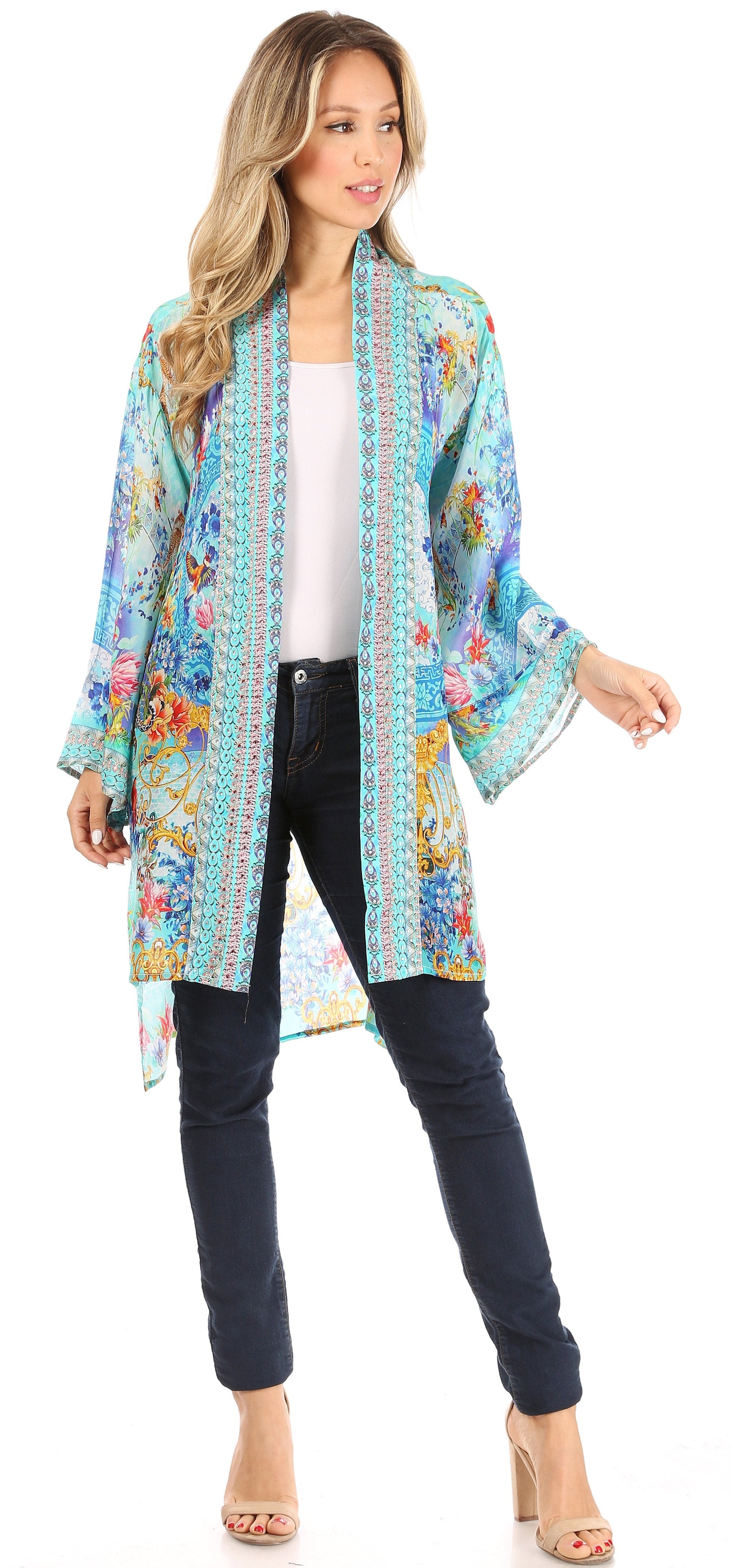 Sakkas Aremi Women Floral Printed Open Front Cardigan Top Boho Casual Short Sleeve - Concordia Style Boutique