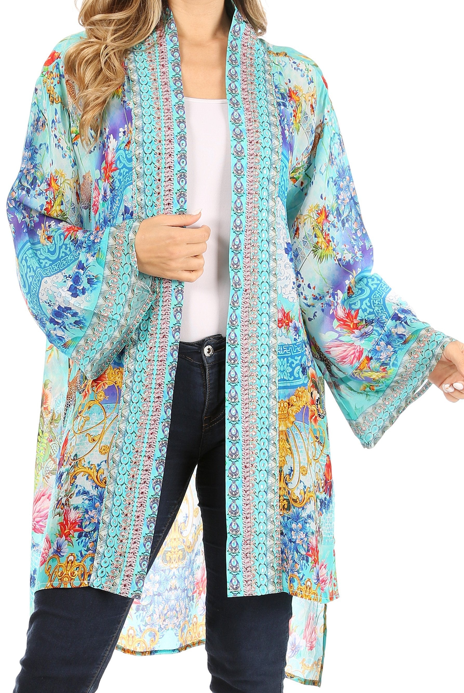 Sakkas Aremi Women Floral Printed Open Front Cardigan Top Boho Casual Short Sleeve - Concordia Style Boutique