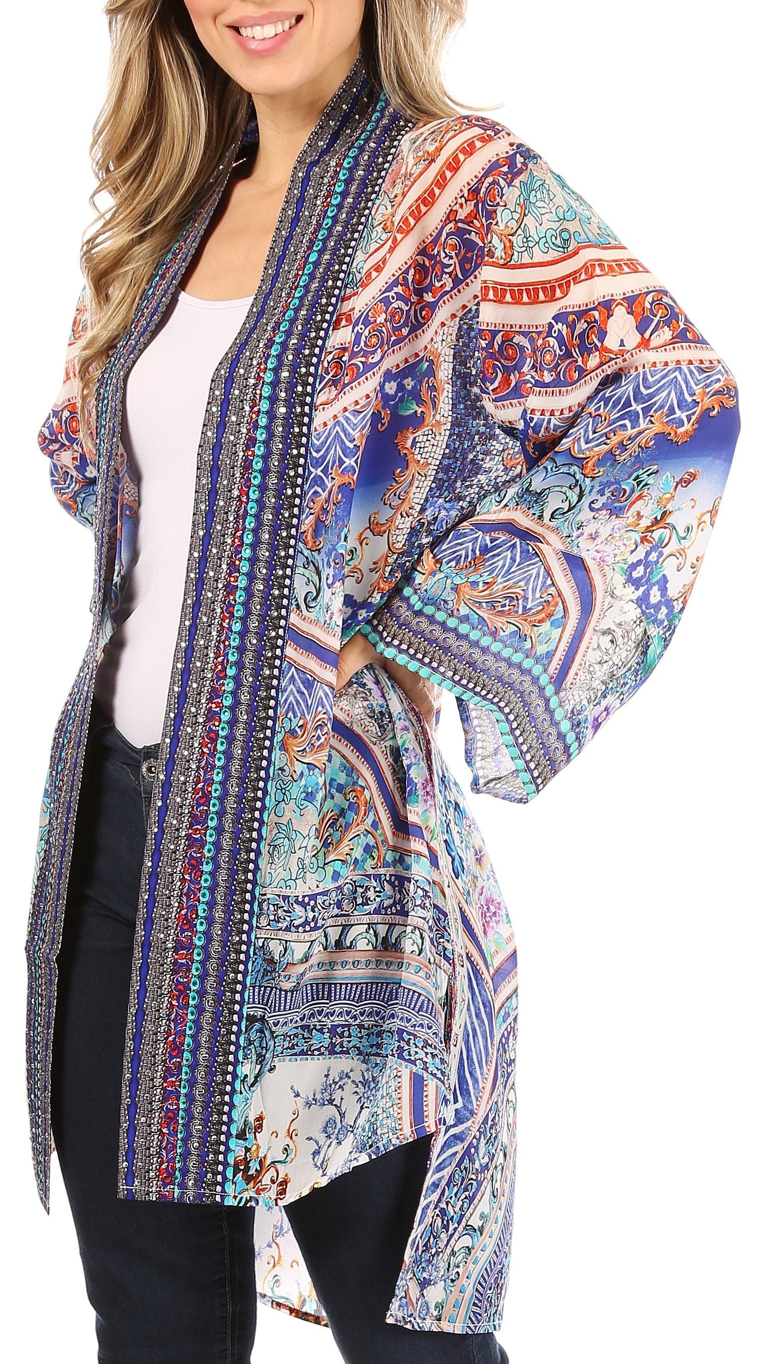 Sakkas Aremi Women Floral Printed Open Front Cardigan Top Boho Casual Short Sleeve - Concordia Style Boutique