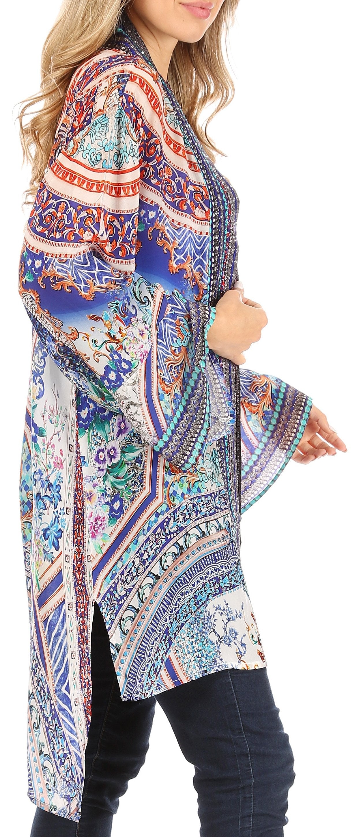 Sakkas Aremi Women Floral Printed Open Front Cardigan Top Boho Casual Short Sleeve - Concordia Style Boutique