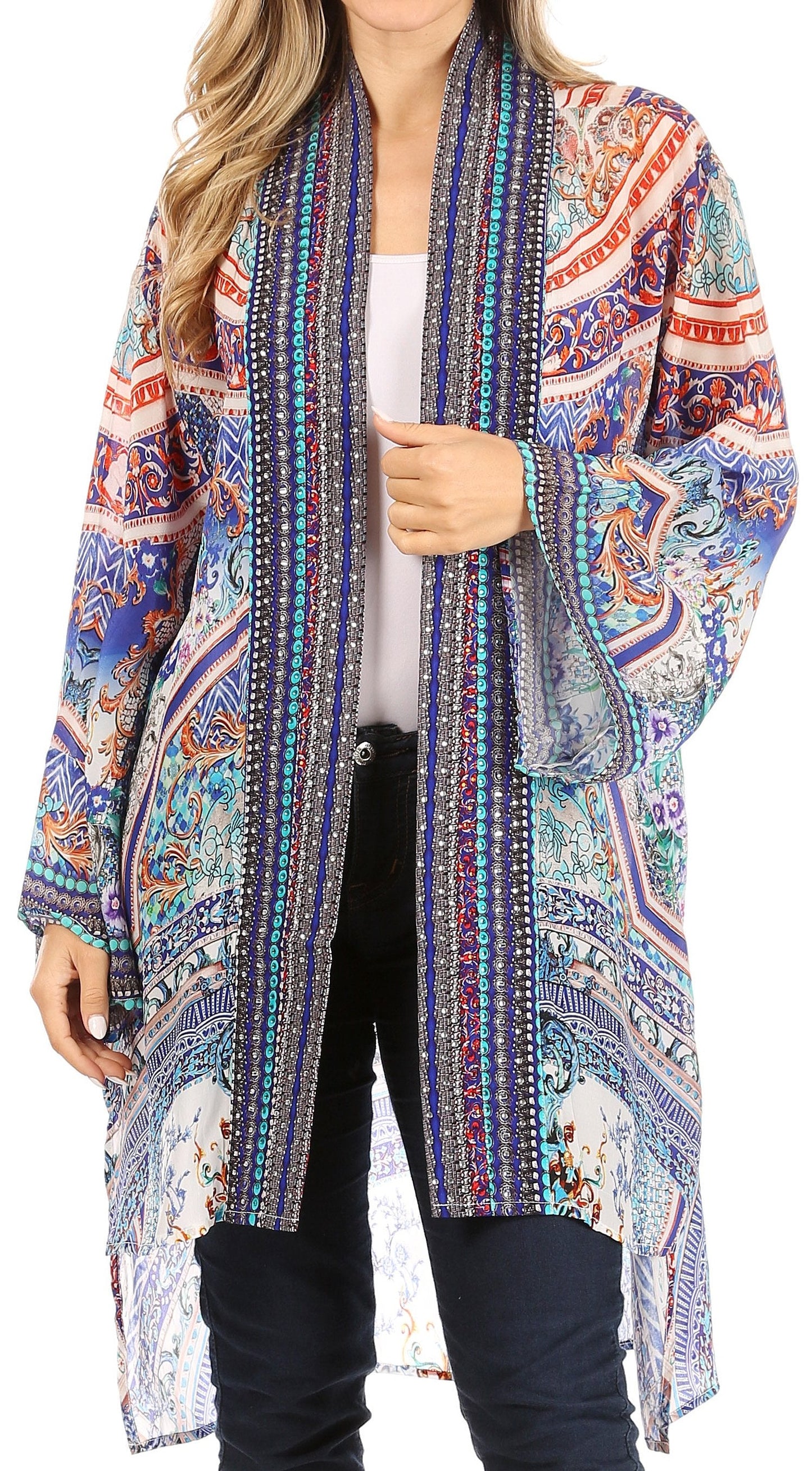 Sakkas Aremi Women Floral Printed Open Front Cardigan Top Boho Casual Short Sleeve - Concordia Style Boutique