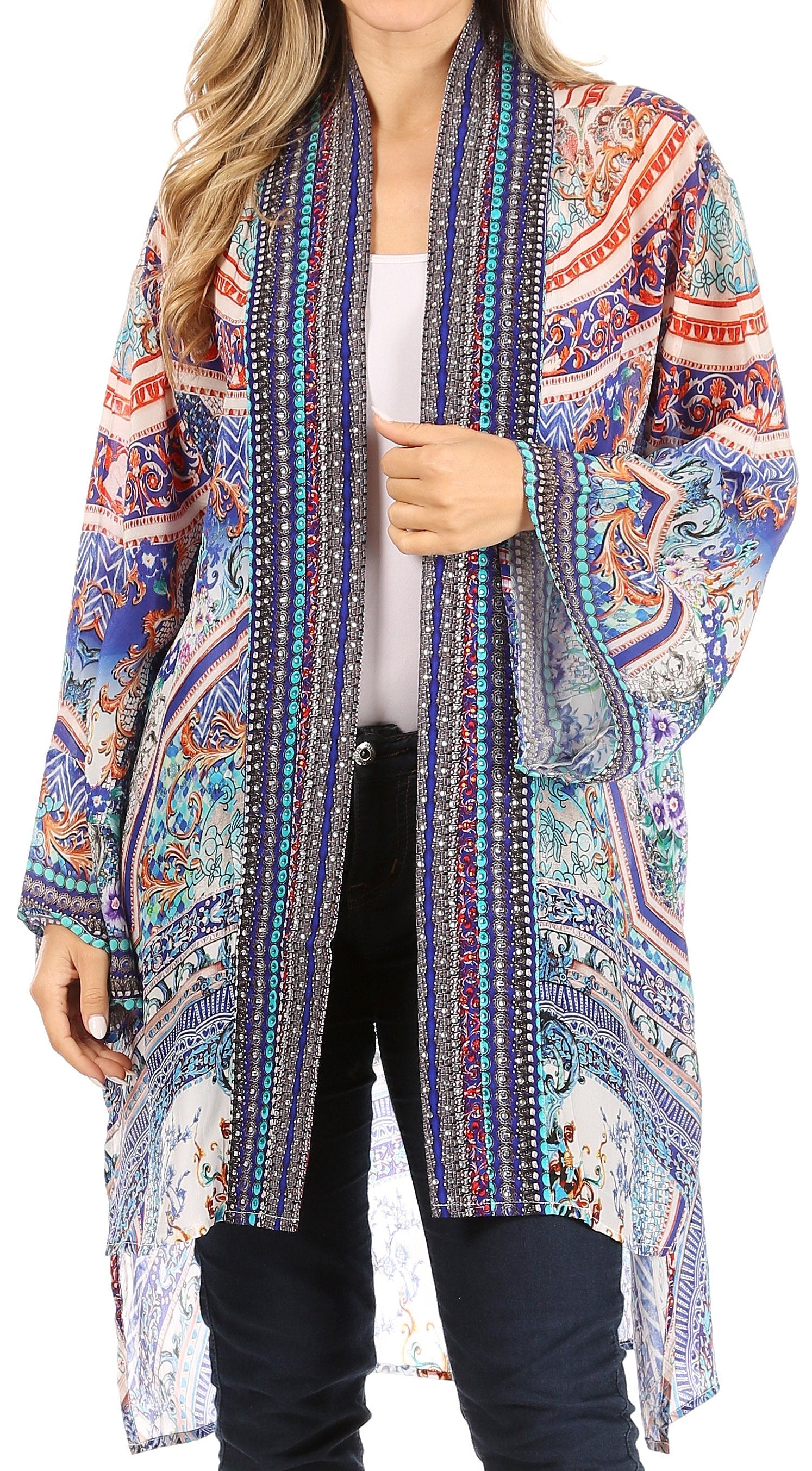 Sakkas Aremi Women Floral Printed Open Front Cardigan Top Boho Casual Short Sleeve - Concordia Style Boutique