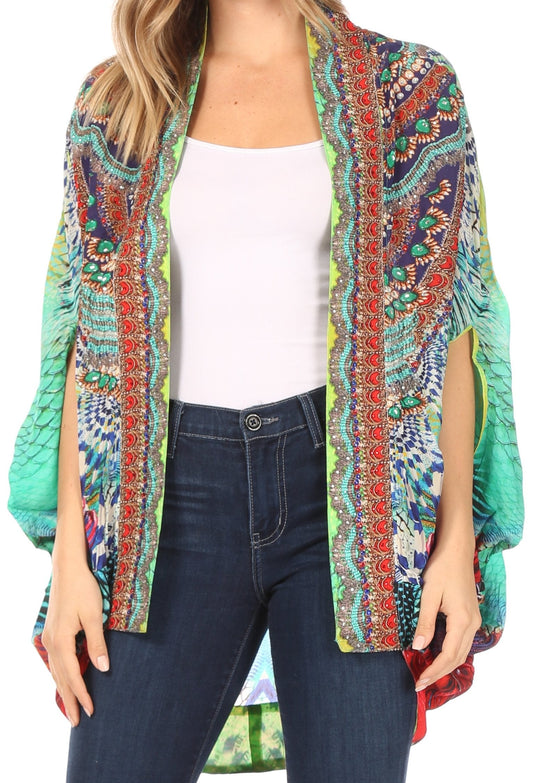 Sakkas Jenna Women's Casual Boho Sheer Kimono Loose Cardigan Cape Trendy Printed - Concordia Style Boutique