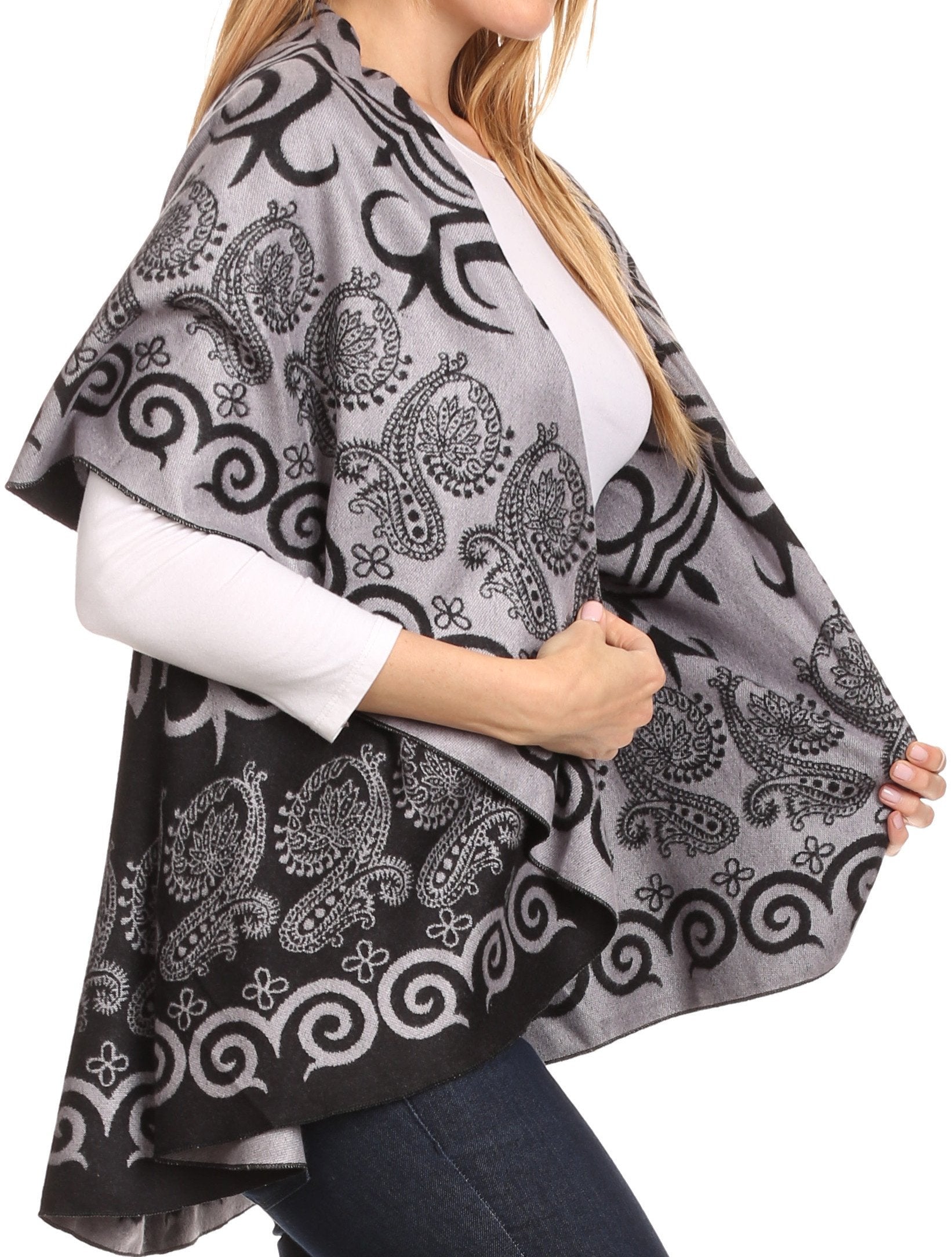 Sakkas Balie Reversable Printed Mid Weight Warm Poncho Throw Shawl / Cardigan - Concordia Style Boutique