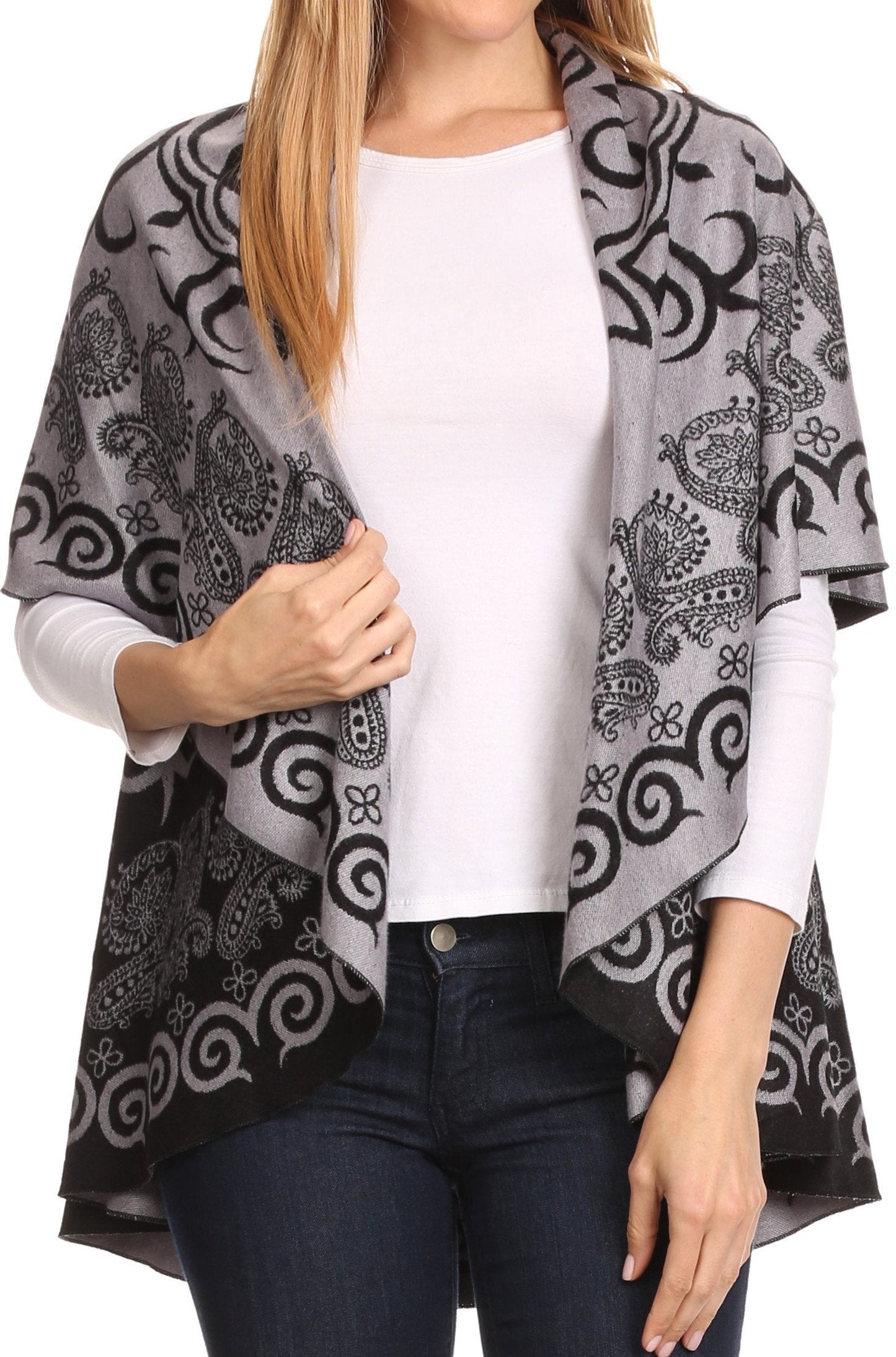 Sakkas Balie Reversable Printed Mid Weight Warm Poncho Throw Shawl / Cardigan - Concordia Style Boutique
