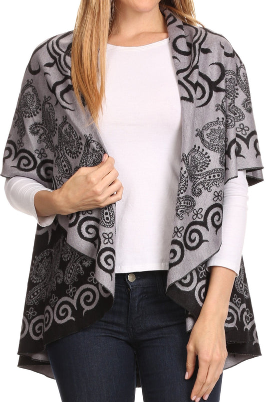 Sakkas Balie Reversable Printed Mid Weight Warm Poncho Throw Shawl / Cardigan - Concordia Style Boutique