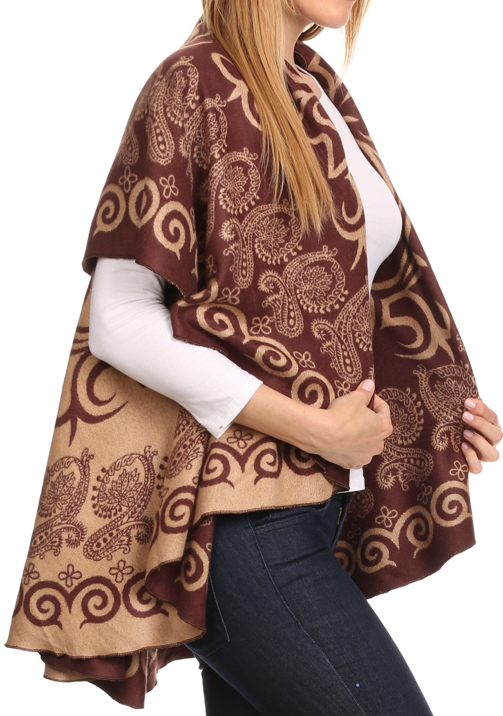 Sakkas Balie Reversable Printed Mid Weight Warm Poncho Throw Shawl / Cardigan - Concordia Style Boutique