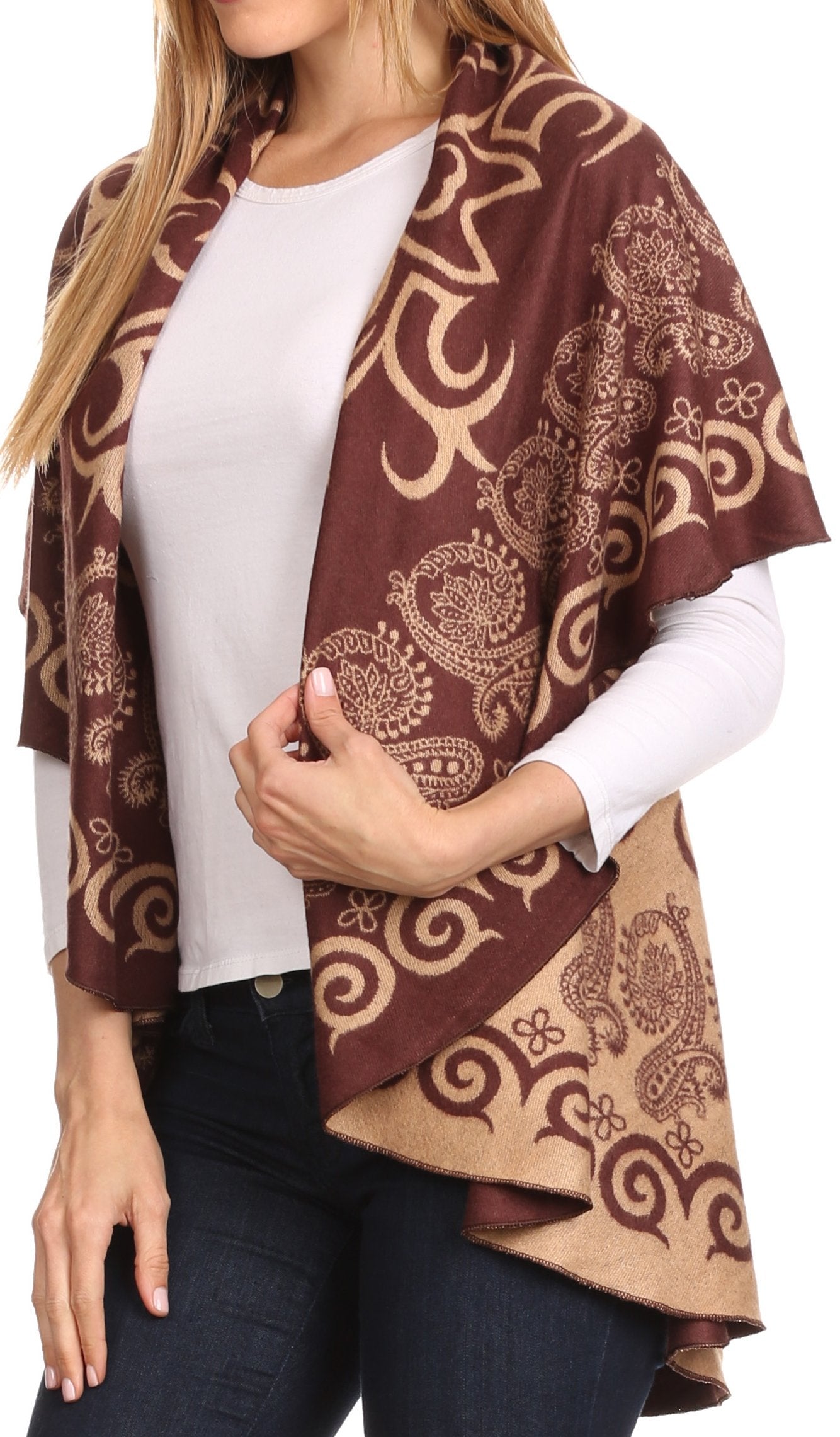 Sakkas Balie Reversable Printed Mid Weight Warm Poncho Throw Shawl / Cardigan - Concordia Style Boutique